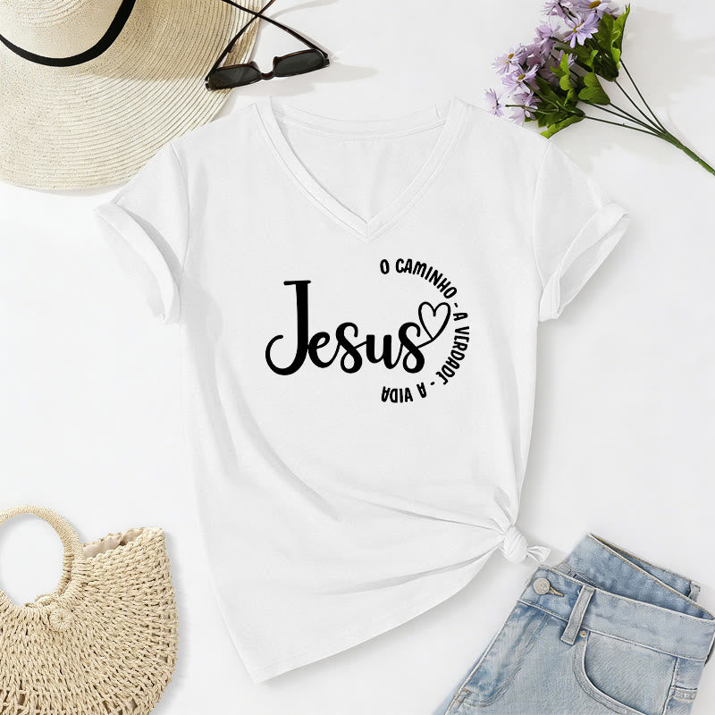 Christianartworkshop T-shirt casual con scollo a V Jesus O Caminho A Verdade A Vida Heart Circle - Bianco - 2XL - image 12