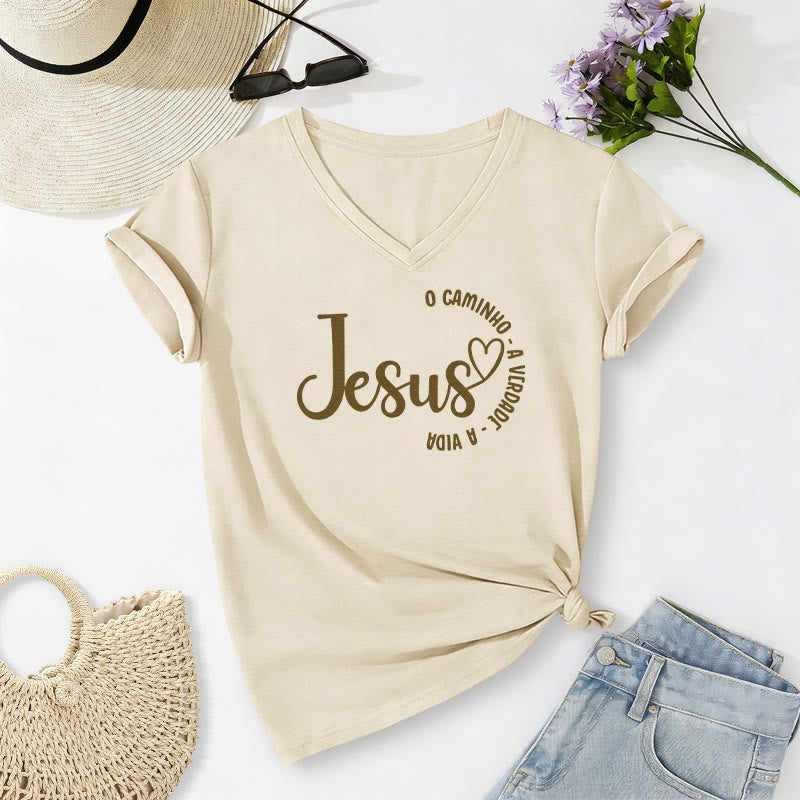 Christianartworkshop T-shirt casual con scollo a V Jesus O Caminho A Verdade A Vida Heart Circle - Beige - 2XL - image 2