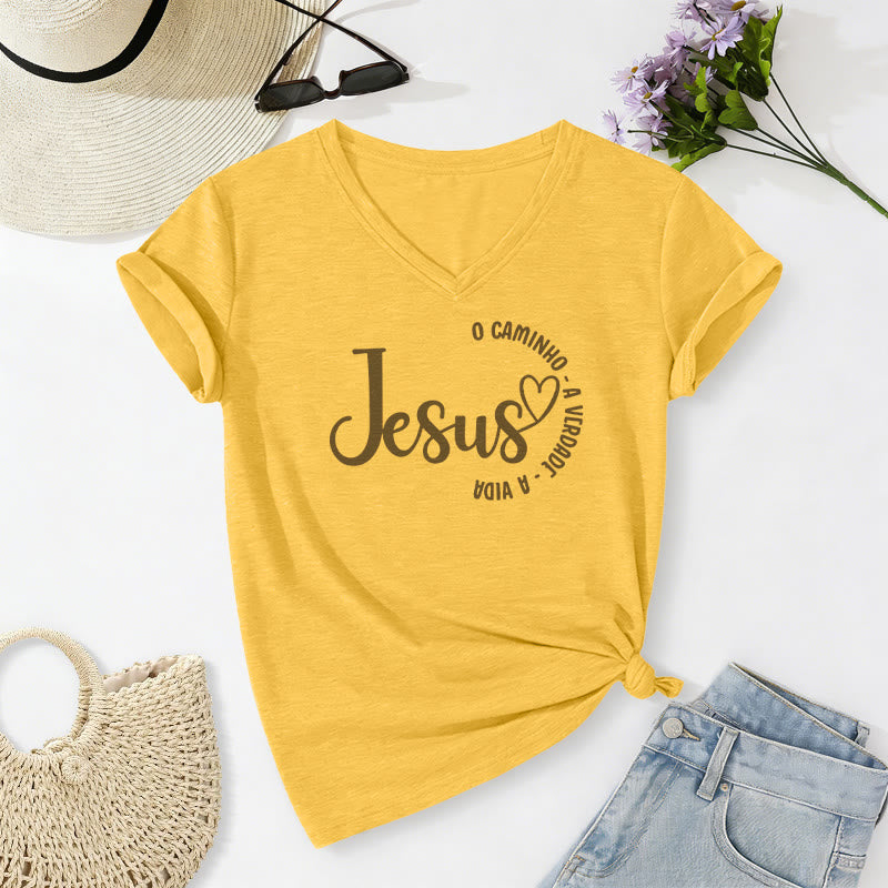 Christianartworkshop T-shirt casual con scollo a V Jesus O Caminho A Verdade A Vida Heart Circle - Giallo - 2XL - image 8