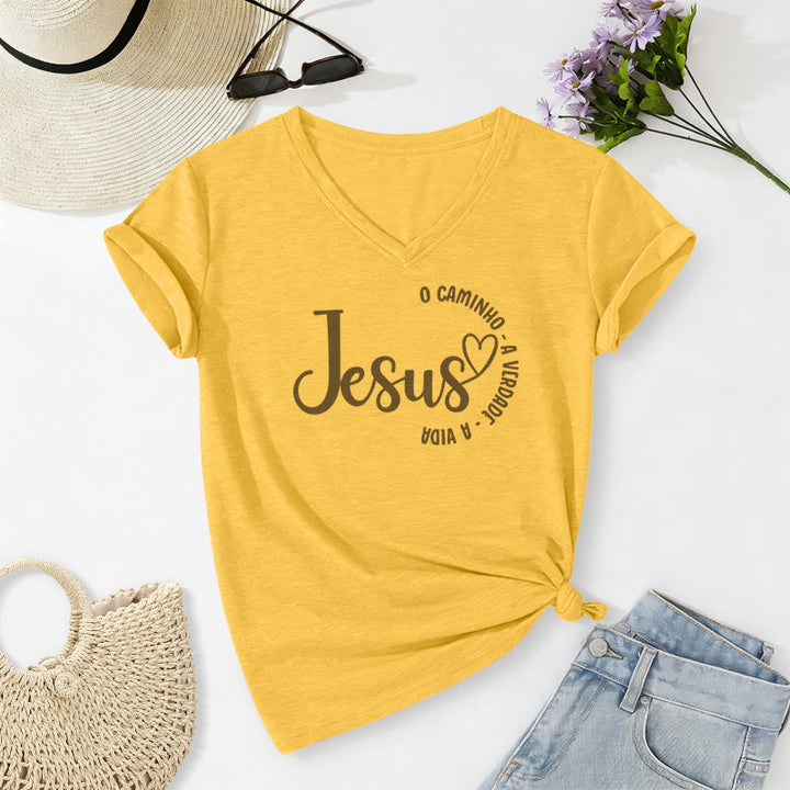 Christianartworkshop T-shirt casual con scollo a V Jesus O Caminho A Verdade A Vida Heart Circle - Giallo - 2XL - image 8