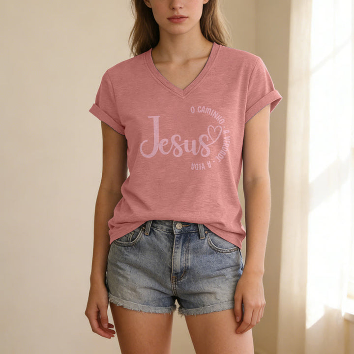 Christianartworkshop T-shirt casual con scollo a V Jesus O Caminho A Verdade A Vida Heart Circle - image 5
