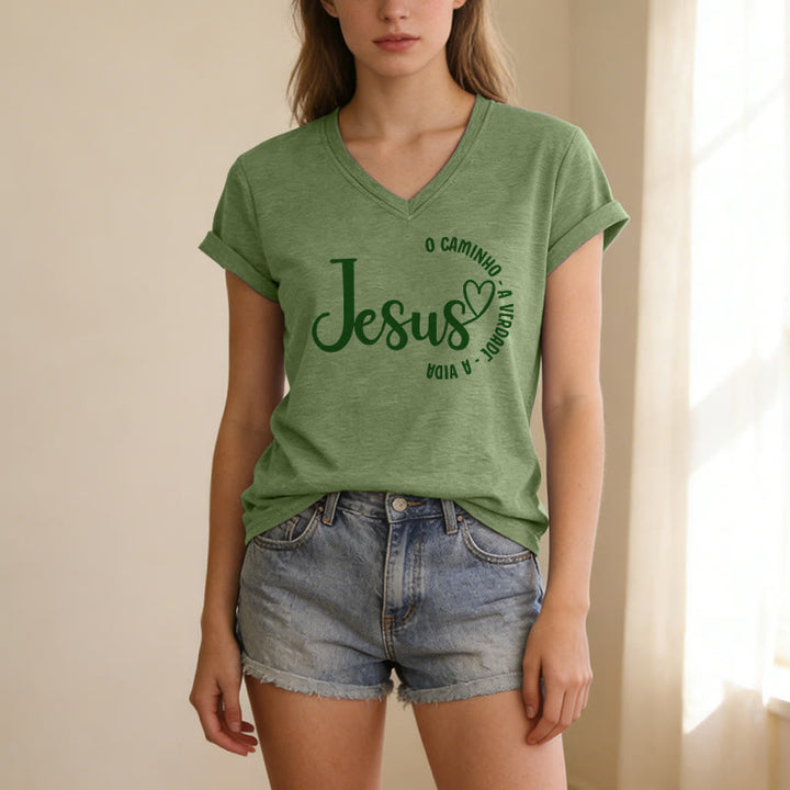 Christianartworkshop T-shirt casual con scollo a V Jesus O Caminho A Verdade A Vida Heart Circle - image 11