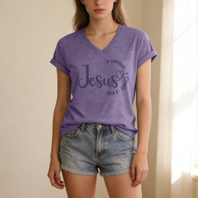 Christianartworkshop T-shirt casual con scollo a V Jesus O Caminho A Verdade A Vida Heart Circle - image 19