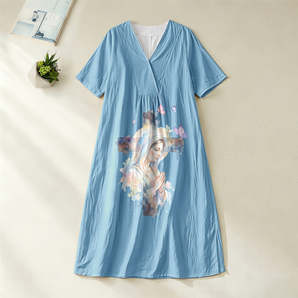 Abito midi a maniche corte con scollo a V e stampa ad acquerello della Madonna di Guadalupe e farfalle, Christianartworkshop. - Blu - 4XL - image 2