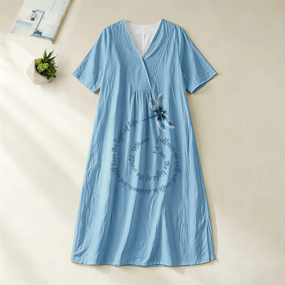 Abito midi a maniche corte con scollo a V e stampa libellula e verso ispiratore, modello Relaxed Fit Christianartworkshop - Blu - 4XL - image 0