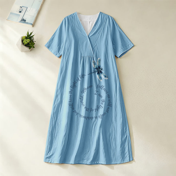 Abito midi a maniche corte con scollo a V e stampa libellula e verso ispiratore, modello Relaxed Fit Christianartworkshop - Blu - 4XL - image 0