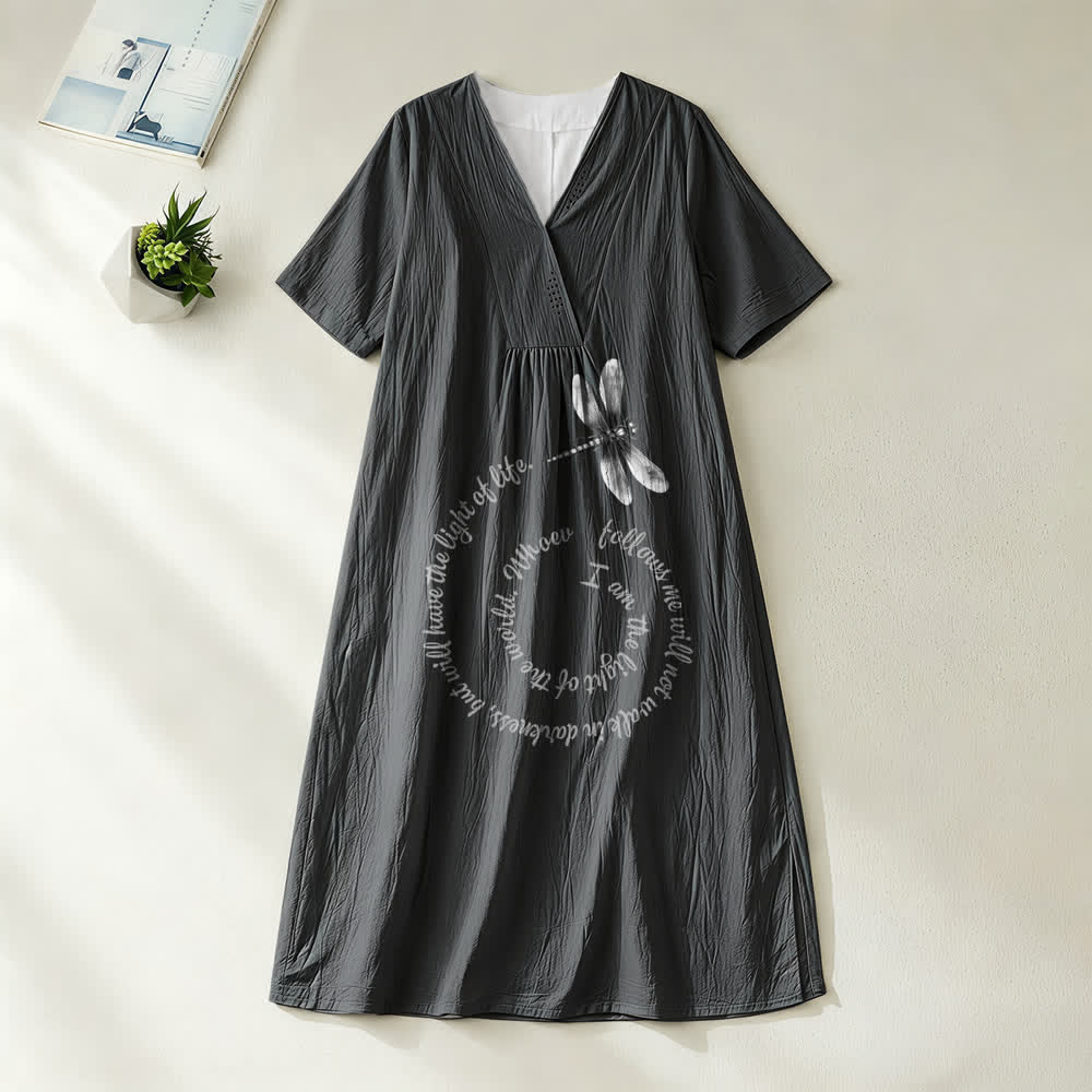 Abito midi a maniche corte con scollo a V e stampa libellula e verso ispiratore, modello Relaxed Fit Christianartworkshop - Nero - 4XL - image 2