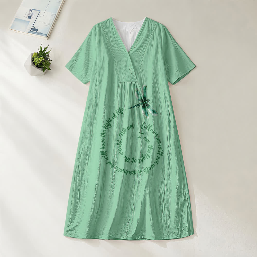 Abito midi a maniche corte con scollo a V e stampa libellula e verso ispiratore, modello Relaxed Fit Christianartworkshop - Verde - 4XL - image 4