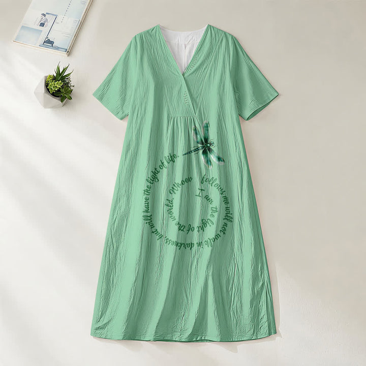 Abito midi a maniche corte con scollo a V e stampa libellula e verso ispiratore, modello Relaxed Fit Christianartworkshop - Verde - 4XL - image 4
