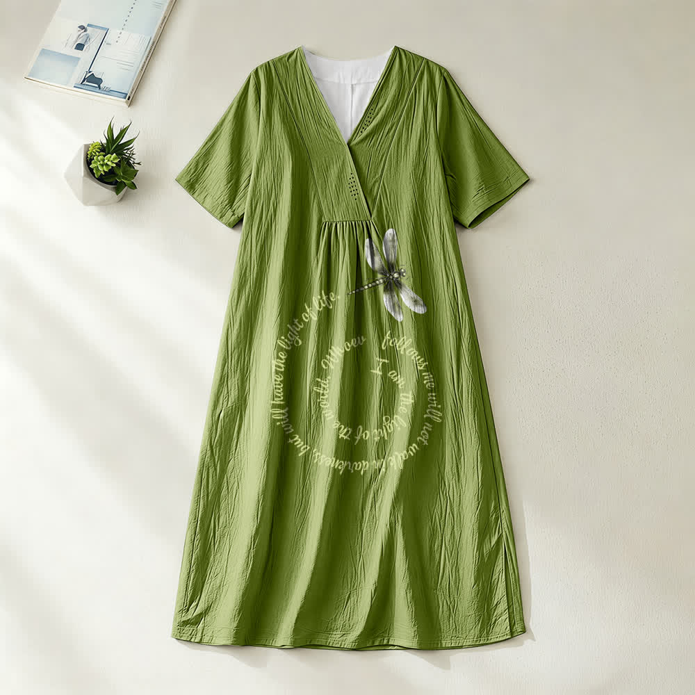 Abito midi a maniche corte con scollo a V e stampa libellula e verso ispiratore, modello Relaxed Fit Christianartworkshop - Verde oliva - 4XL - image 10