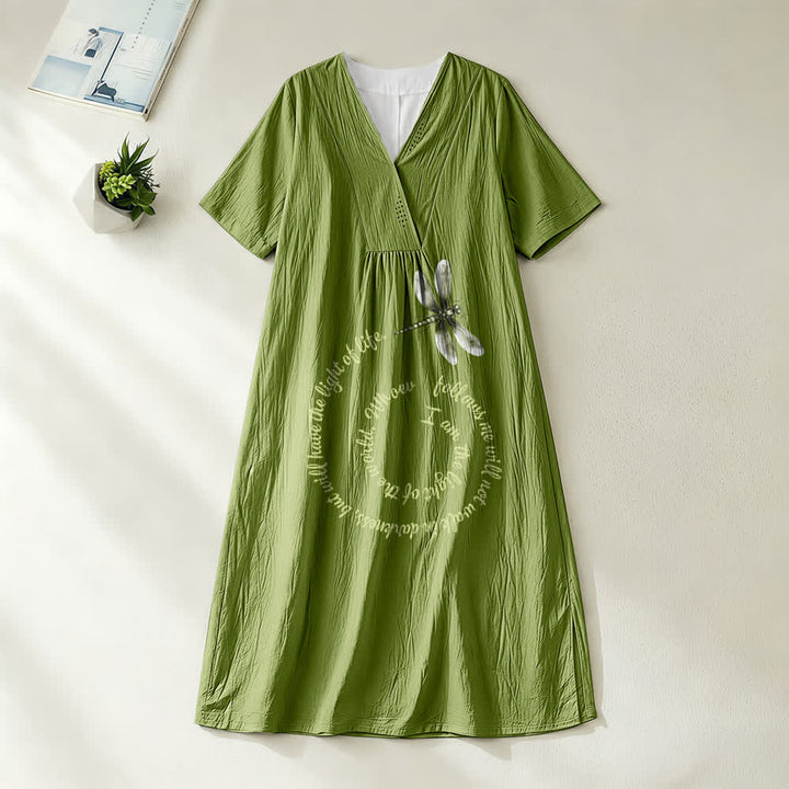 Abito midi a maniche corte con scollo a V e stampa libellula e verso ispiratore, modello Relaxed Fit Christianartworkshop - Verde oliva - 4XL - image 10