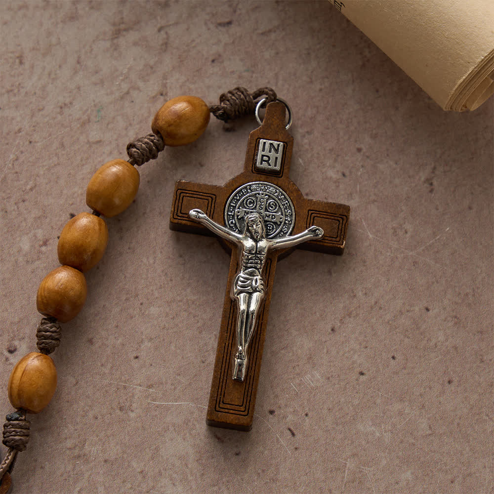 Christianartworkshop Rosario tradizionale rustico ovale in legno a 15 decine con San Benedetto al centro. - image 6