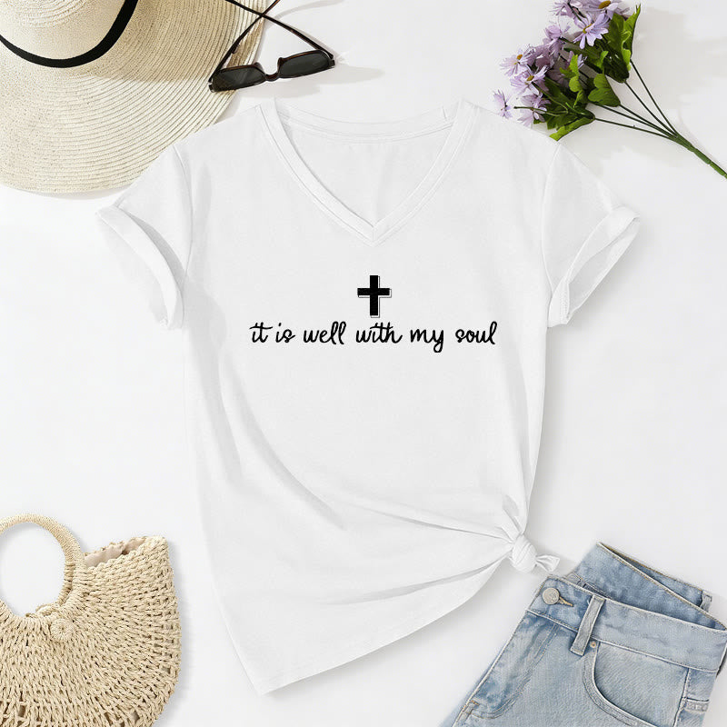 Christianartworkshop It Is Well With My Soul Cross Script T-shirt casual con scollo a V - Bianco - 2XL - image 14