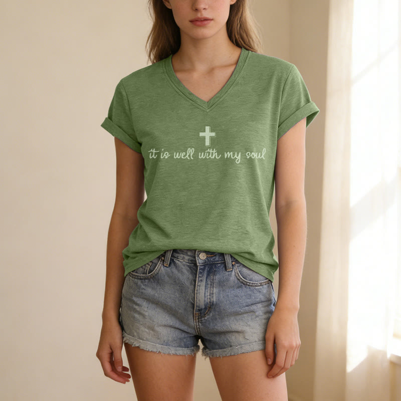 Christianartworkshop It Is Well With My Soul Cross Script T-shirt casual con scollo a V - image 13
