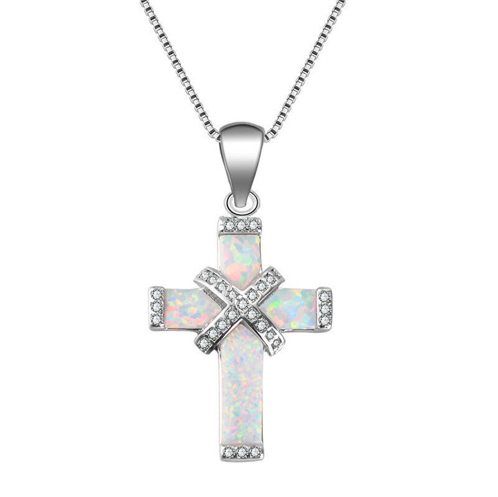 Christianartworkshop Collana con ciondolo a croce stratificata in opale intarsiato e catena sottile a maglie fini con zirconi incastonati: un simbolo di pura fede. - Argento - image 4