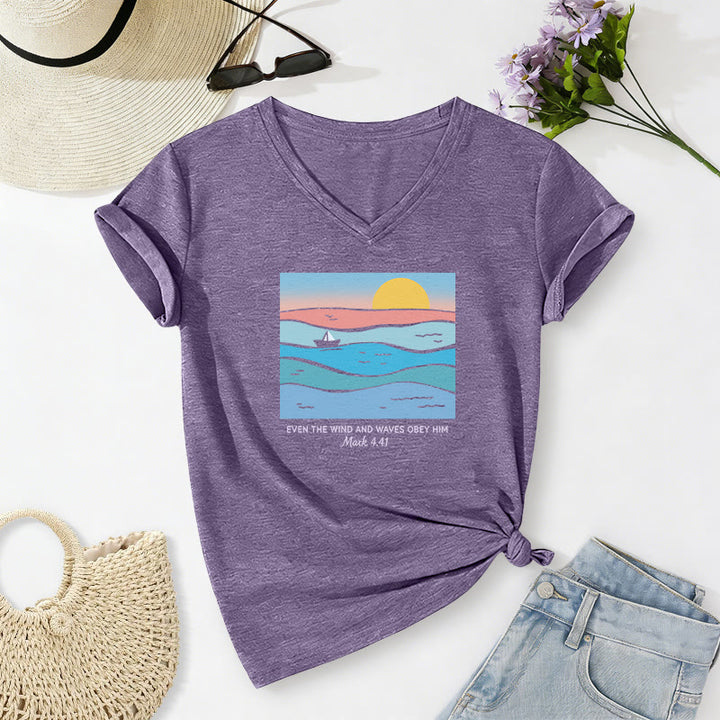 Christianartworkshop Anche il vento e le onde gli obbediscono Marco 4:41 Tramonto sull'oceano T-shirt casual con scollo a V - Viola - 2XL - image 4