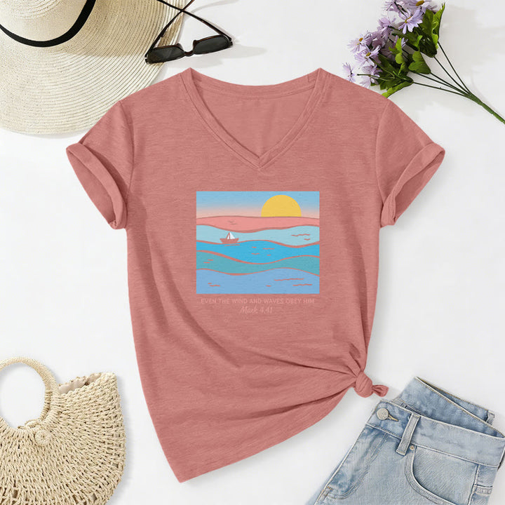 Christianartworkshop Anche il vento e le onde gli obbediscono Marco 4:41 Tramonto sull'oceano T-shirt casual con scollo a V - Rosa chiaro - 2XL - image 10