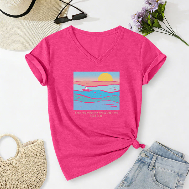 Christianartworkshop Anche il vento e le onde gli obbediscono Marco 4:41 Tramonto sull'oceano T-shirt casual con scollo a V - Rosa - 2XL - image 2