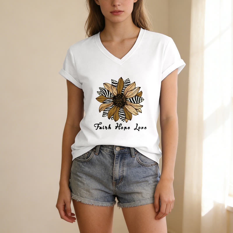 Christianartworkshop T-shirt casual con scollo a V, stampa zebrata, girasole e scritta "Fede, Speranza, Amore". - image 21