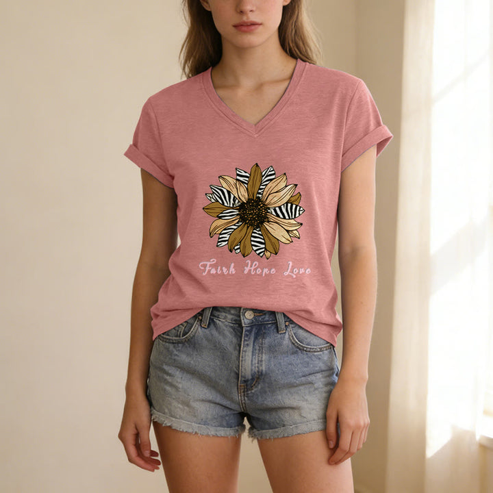 Christianartworkshop T-shirt casual con scollo a V, stampa zebrata, girasole e scritta "Fede, Speranza, Amore". - image 13