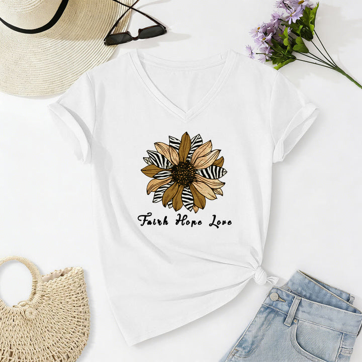 Christianartworkshop T-shirt casual con scollo a V, stampa zebrata, girasole e scritta "Fede, Speranza, Amore". - Bianco - 2XL - image 20