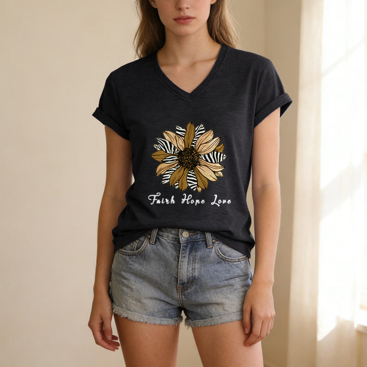 Christianartworkshop T-shirt casual con scollo a V, stampa zebrata, girasole e scritta "Fede, Speranza, Amore". - image 15