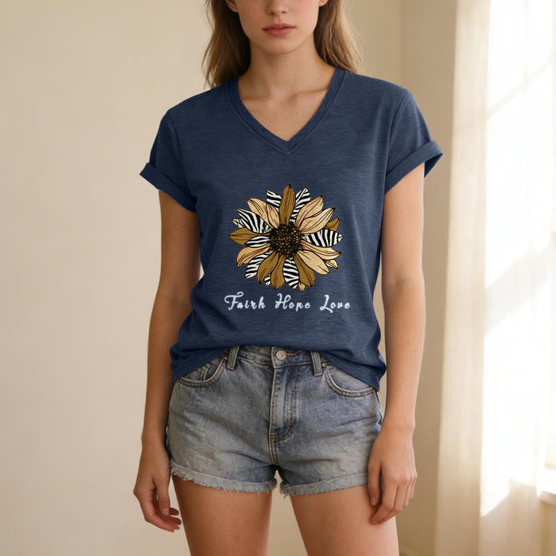 Christianartworkshop T-shirt casual con scollo a V, stampa zebrata, girasole e scritta "Fede, Speranza, Amore". - image 7