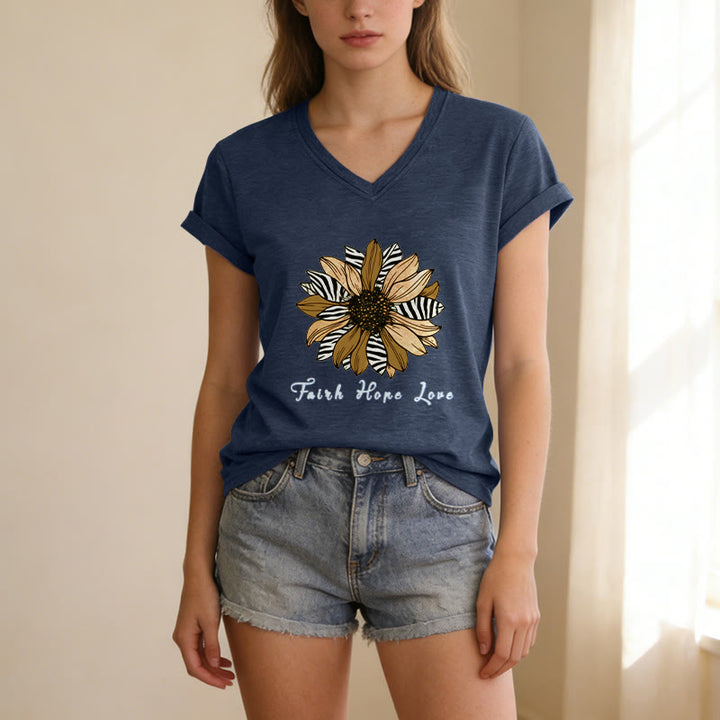 Christianartworkshop T-shirt casual con scollo a V, stampa zebrata, girasole e scritta "Fede, Speranza, Amore". - image 7