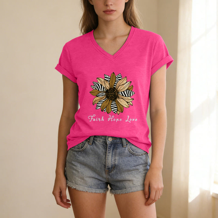Christianartworkshop T-shirt casual con scollo a V, stampa zebrata, girasole e scritta "Fede, Speranza, Amore". - image 3