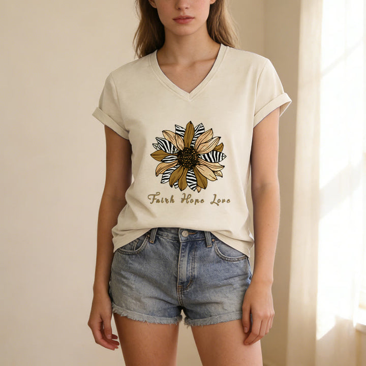 Christianartworkshop T-shirt casual con scollo a V, stampa zebrata, girasole e scritta "Fede, Speranza, Amore". - image 11