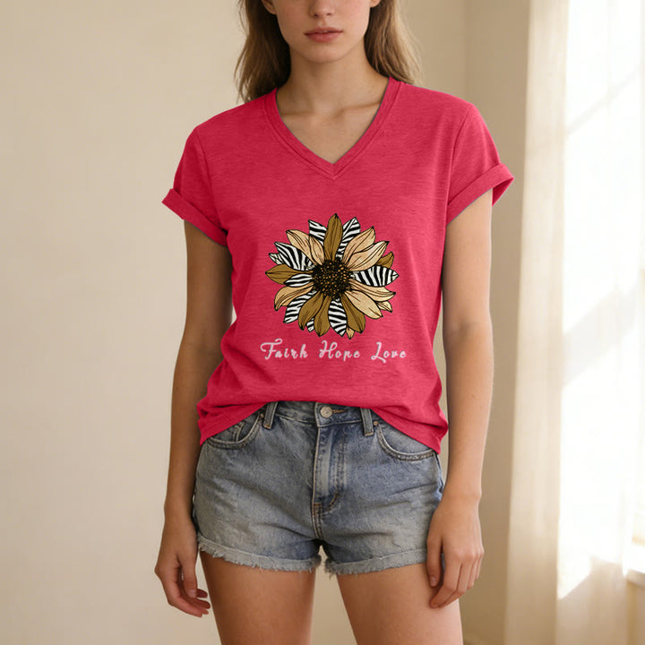 Christianartworkshop T-shirt casual con scollo a V, stampa zebrata, girasole e scritta "Fede, Speranza, Amore". - image 1