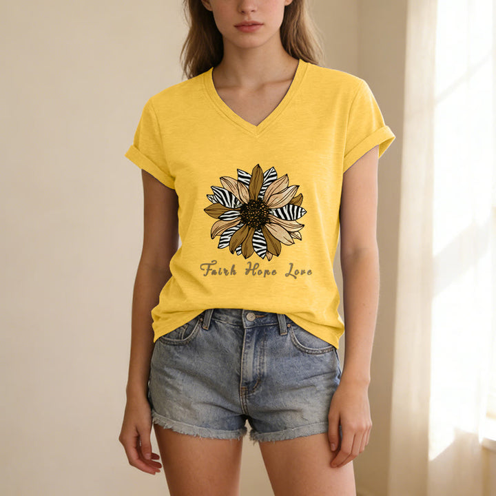 Christianartworkshop T-shirt casual con scollo a V, stampa zebrata, girasole e scritta "Fede, Speranza, Amore". - image 17