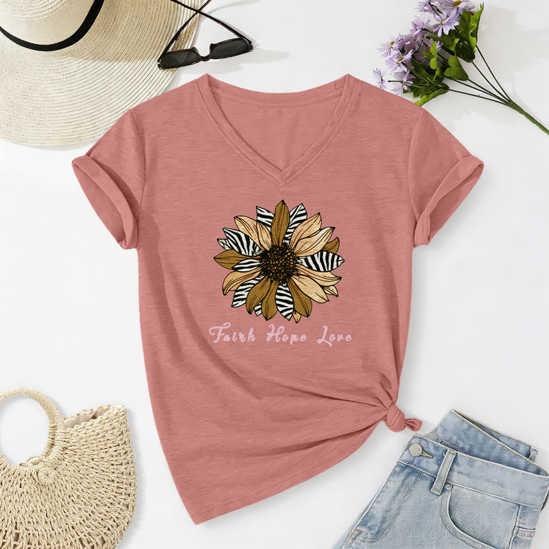 Christianartworkshop T-shirt casual con scollo a V, stampa zebrata, girasole e scritta "Fede, Speranza, Amore". - Rosa chiaro - 2XL - image 12