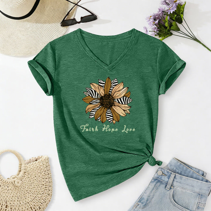 Christianartworkshop T-shirt casual con scollo a V, stampa zebrata, girasole e scritta "Fede, Speranza, Amore". - Verde scuro - 2XL - image 24