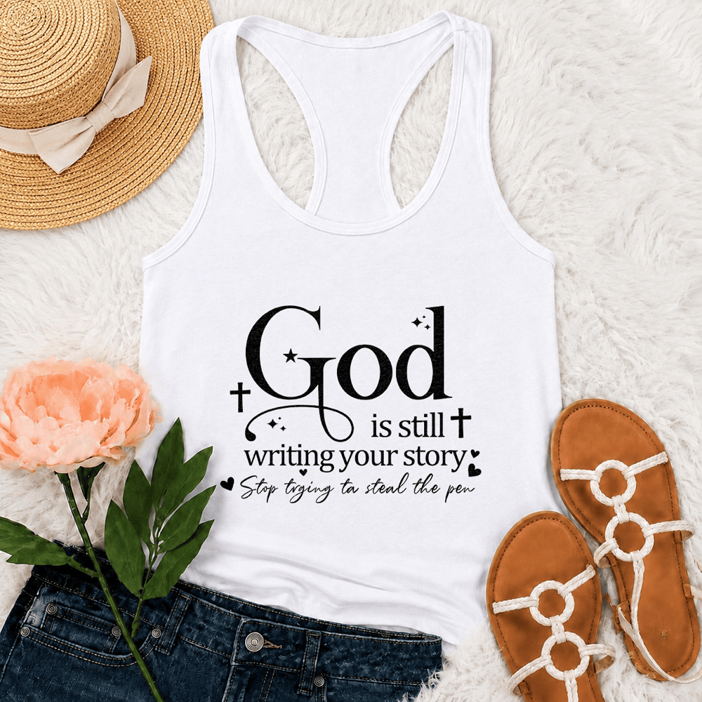 Christianartworkshop Dio sta ancora scrivendo la tua storia - Canotta da allenamento cristiana con spalline incrociate sulla schiena - Bianco - 2XL - image 6