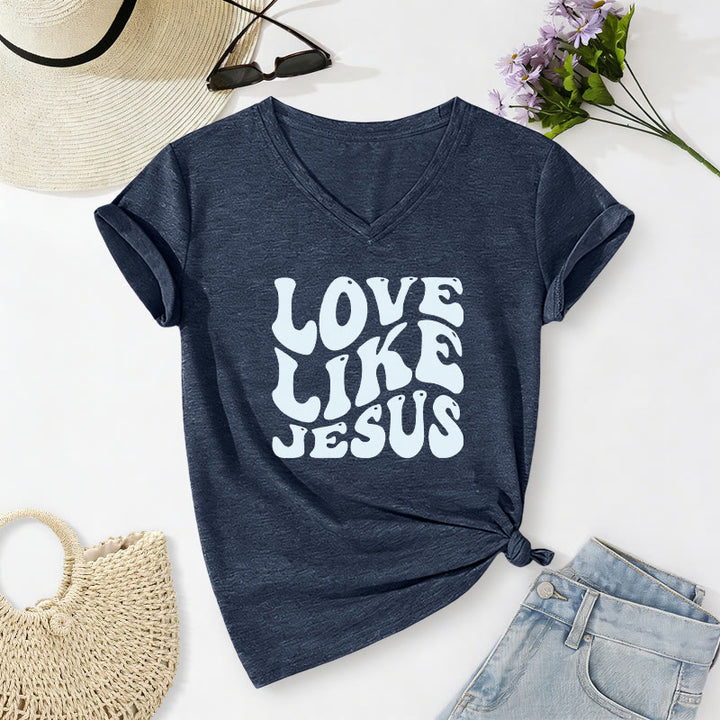 Christianartworkshop T-shirt casual con scollo a V e scritta retrò "Love Like Jesus". - Blu navy - 2XL - image 2