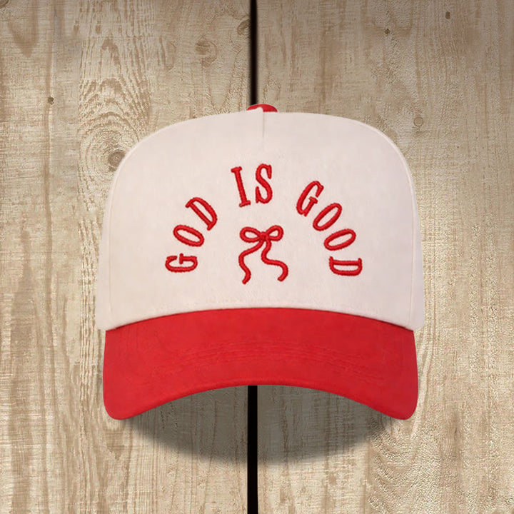 Christianartworkshop Cappellino da baseball unisex con visiera curva e scritta "God Is Good" ricamata con fiocco. - Rosso - image 0