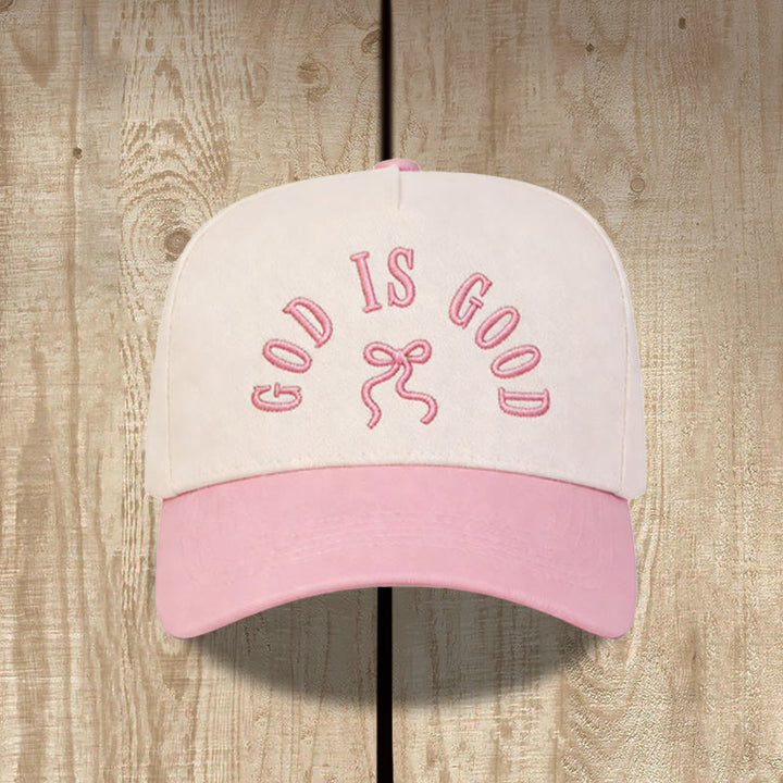 Christianartworkshop Cappellino da baseball unisex con visiera curva e scritta "God Is Good" ricamata con fiocco. - Rosa - image 2