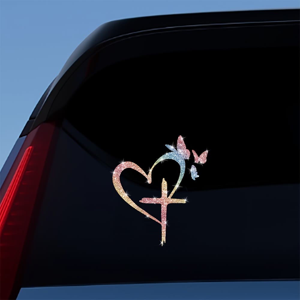 Christianartworkshop Adesivo impermeabile per finestrino auto con silhouette di farfalla e croce glitterata: un simbolo di amore sacro. - image 7