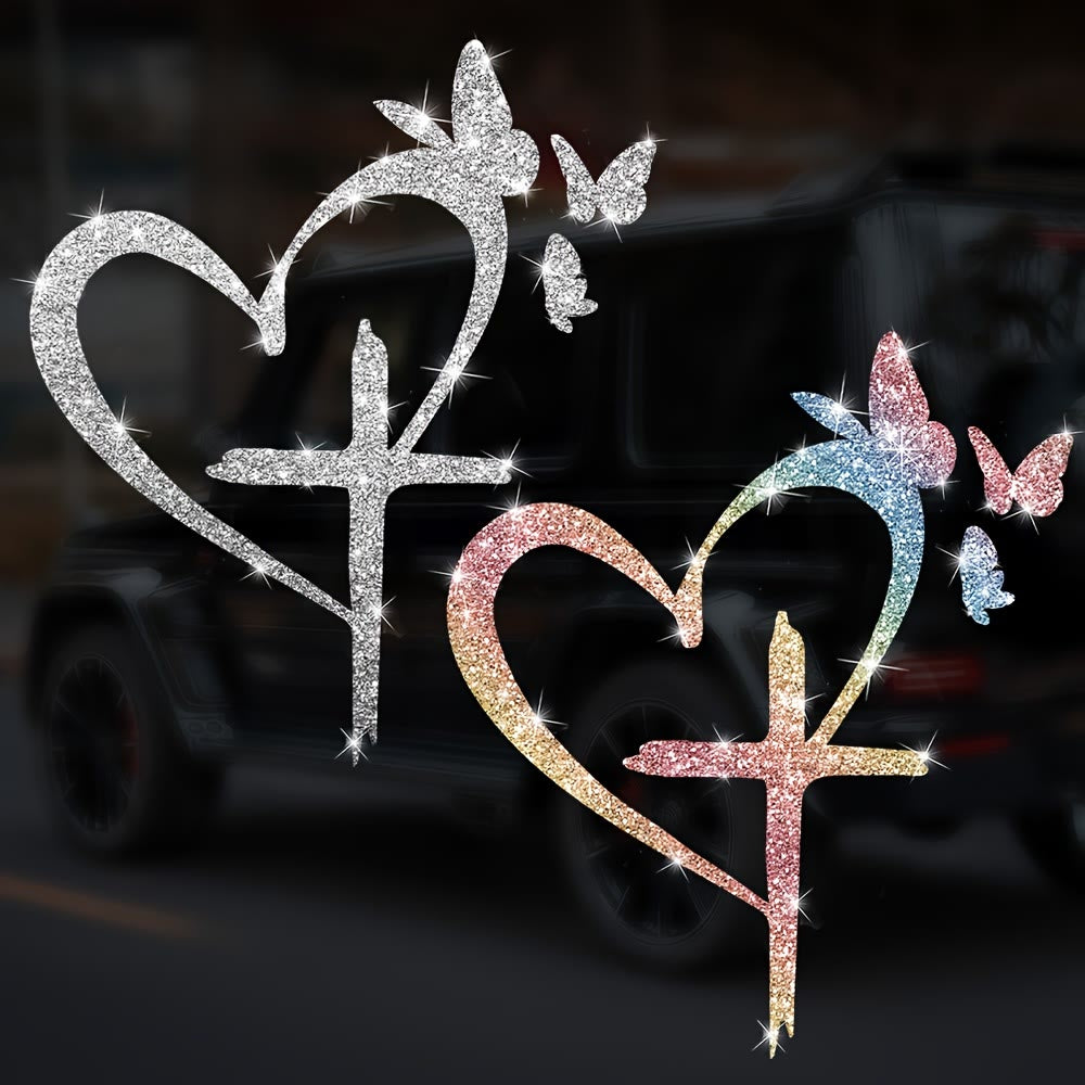 Christianartworkshop Adesivo impermeabile per finestrino auto con silhouette di farfalla e croce glitterata: un simbolo di amore sacro. - image 1