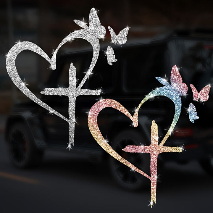 Christianartworkshop Adesivo impermeabile per finestrino auto con silhouette di farfalla e croce glitterata: un simbolo di amore sacro. - image 1