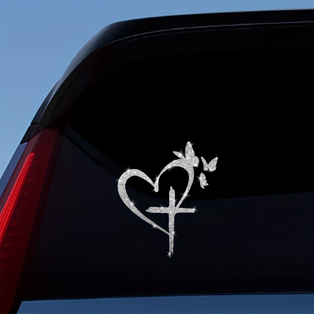 Christianartworkshop Adesivo impermeabile per finestrino auto con silhouette di farfalla e croce glitterata: un simbolo di amore sacro. - image 3