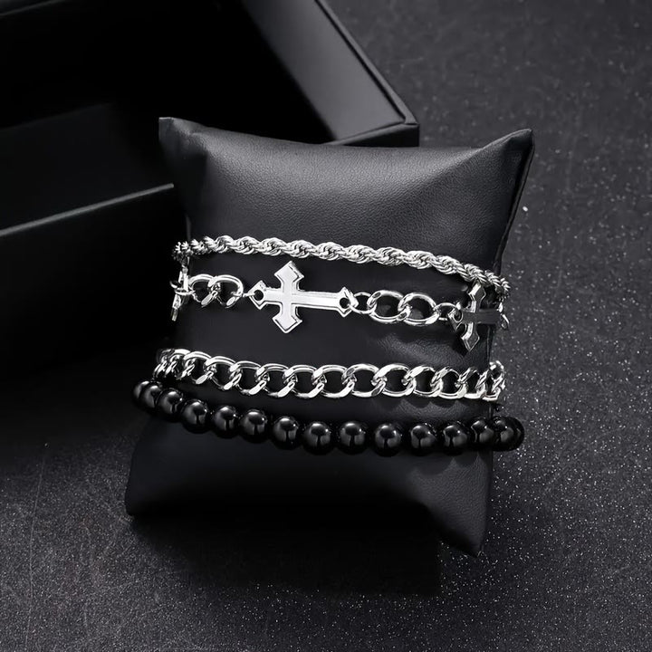 Christianartworkshop Set di 4 bracciali sovrapponibili a strati con corda intrecciata, catena a maglia barbazzale e ciondolo a croce con perline rotonde nere. - image 4
