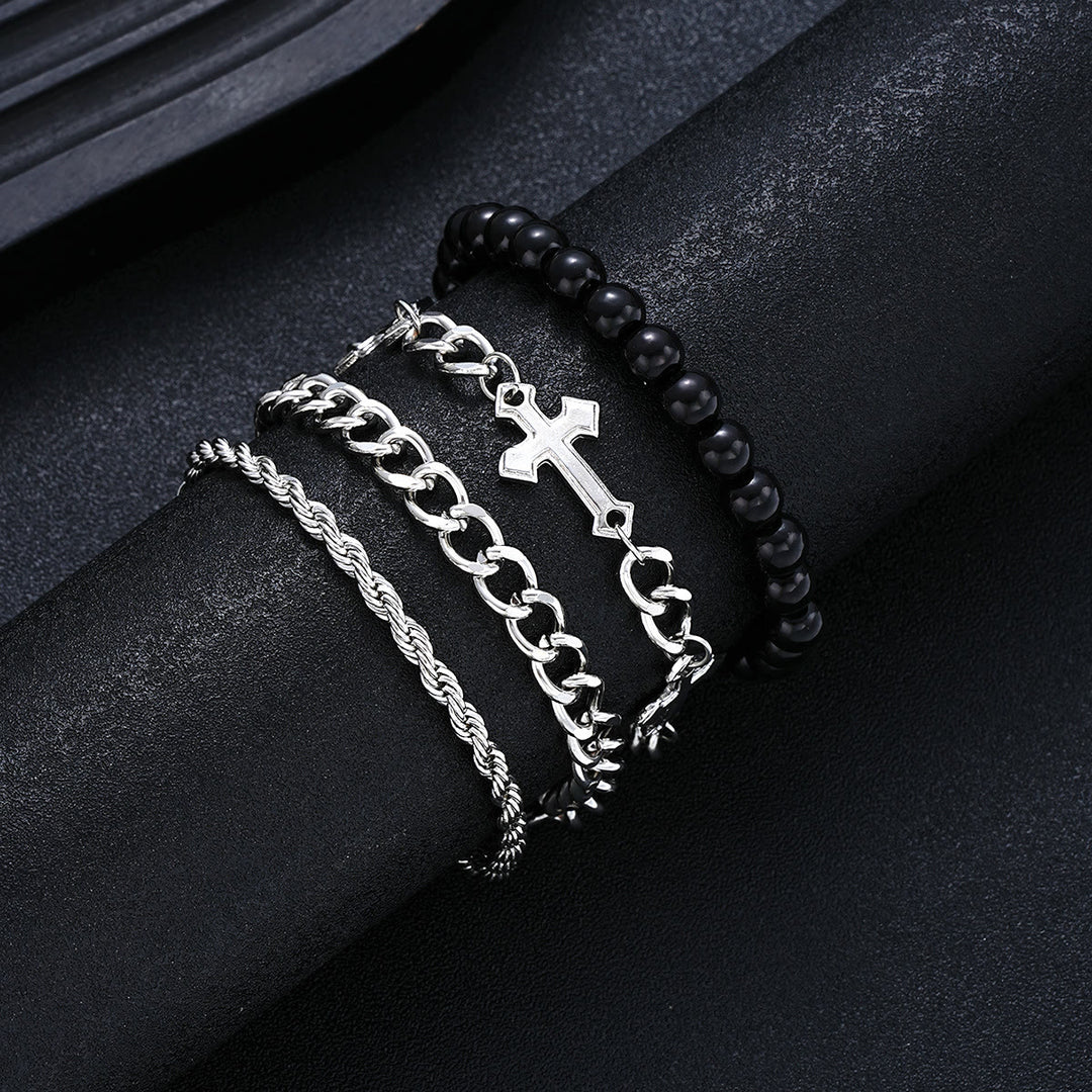 Christianartworkshop Set di 4 bracciali sovrapponibili a strati con corda intrecciata, catena a maglia barbazzale e ciondolo a croce con perline rotonde nere. - Argento - image 0