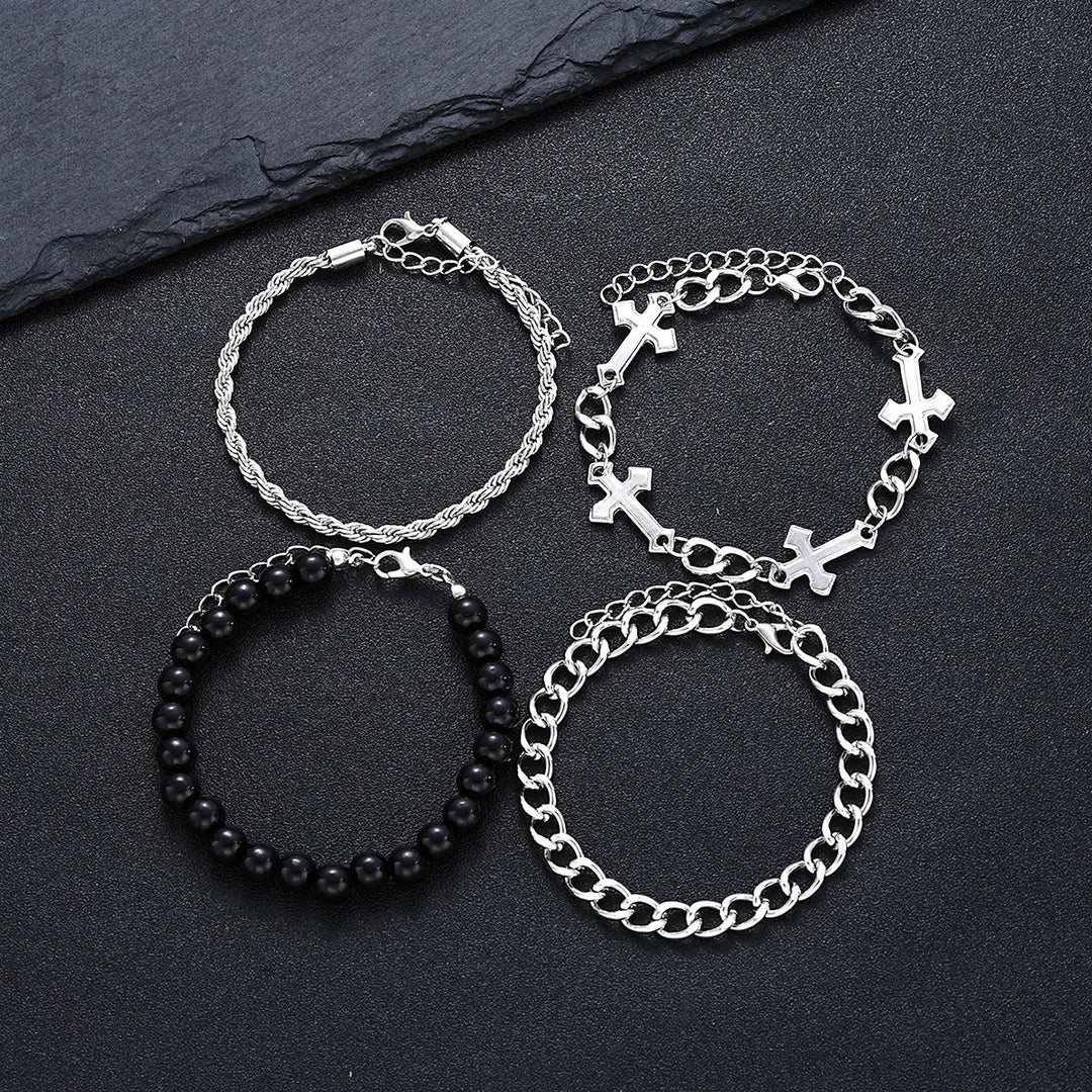 Christianartworkshop Set di 4 bracciali sovrapponibili a strati con corda intrecciata, catena a maglia barbazzale e ciondolo a croce con perline rotonde nere. - image 7