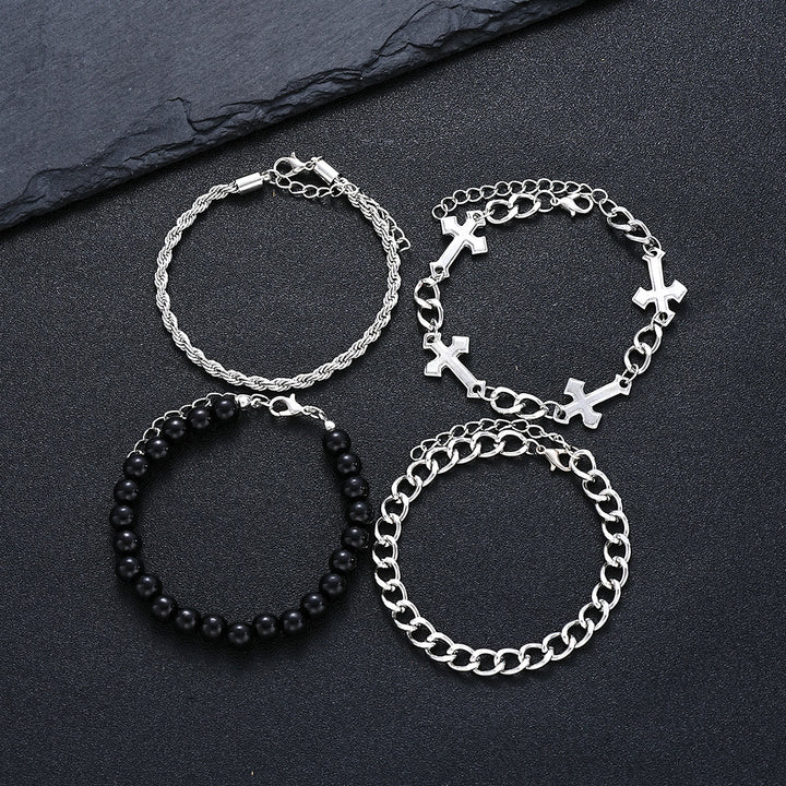 Christianartworkshop Set di 4 bracciali sovrapponibili a strati con corda intrecciata, catena a maglia barbazzale e ciondolo a croce con perline rotonde nere. - image 7