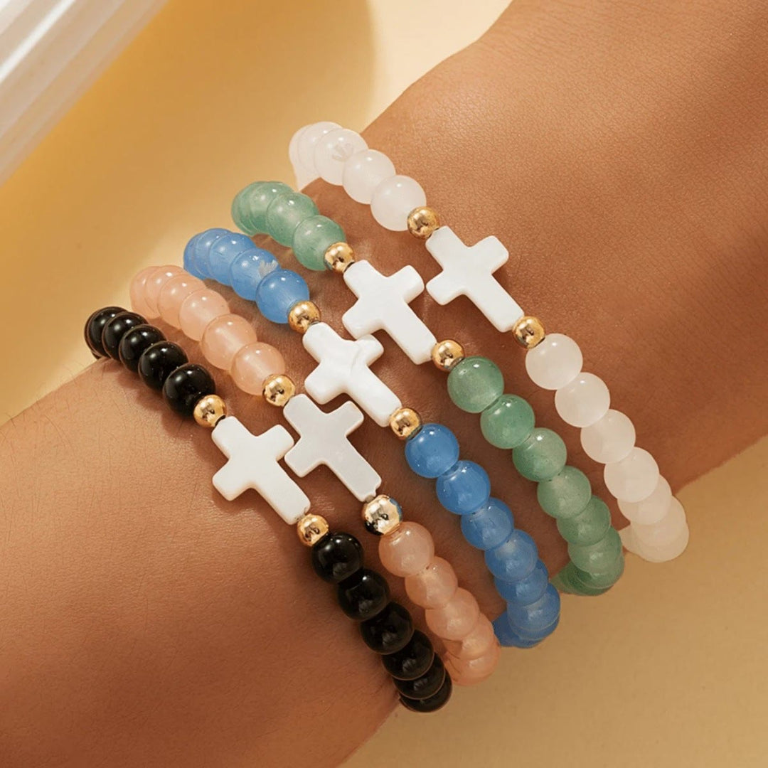 Christianartworkshop Set di braccialetti a croce multistrato con cristalli sfaccettati, minerali opachi e perline rotonde lisce. - UN - image 0
