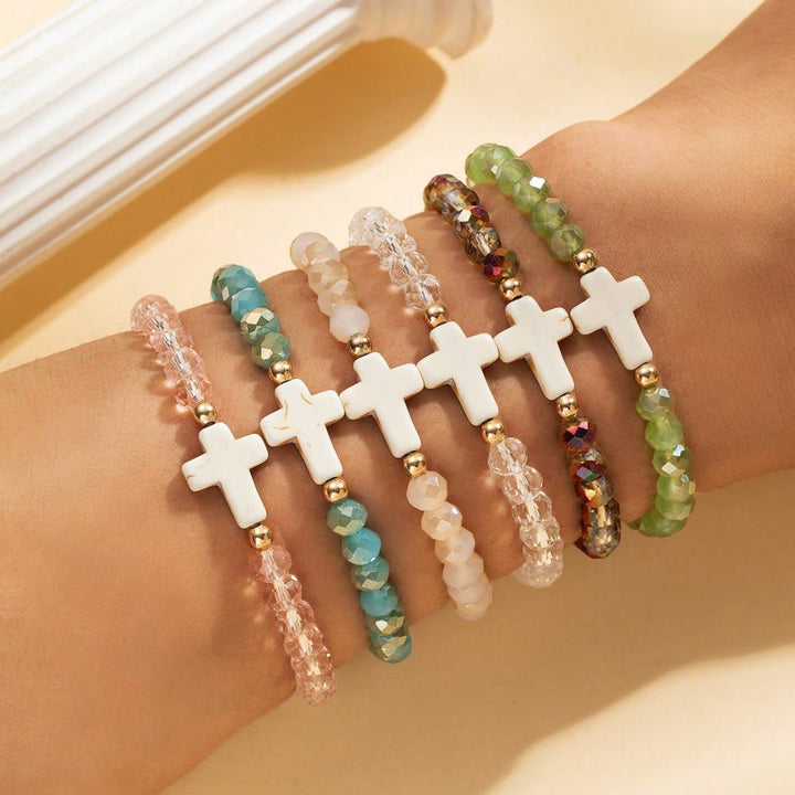 Christianartworkshop Set di braccialetti a croce multistrato con cristalli sfaccettati, minerali opachi e perline rotonde lisce. - B - image 3