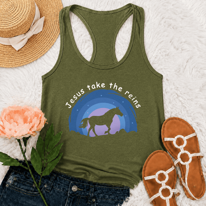 Christianartworkshop Cowgirl Wild Horse Jesus Take The Reins Racerback Tank Top - Verde militare - 2XL - image 21