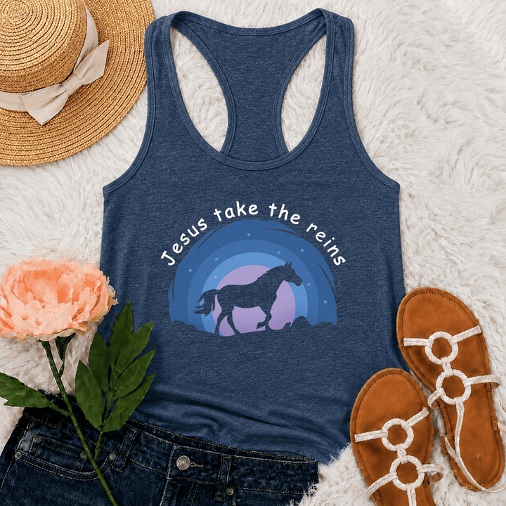 Canotta da cowboy con schiena a vogatore Christianartworkshop - Cowgirl, cavallo selvaggio, Gesù prendi le redini - Blu navy - 2XL - image 15